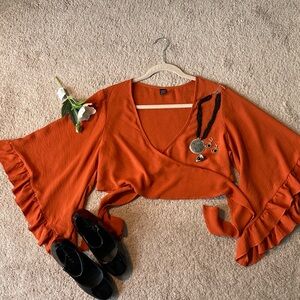 SHEIN Rust Orange Ruffle Sleeve Blouse
